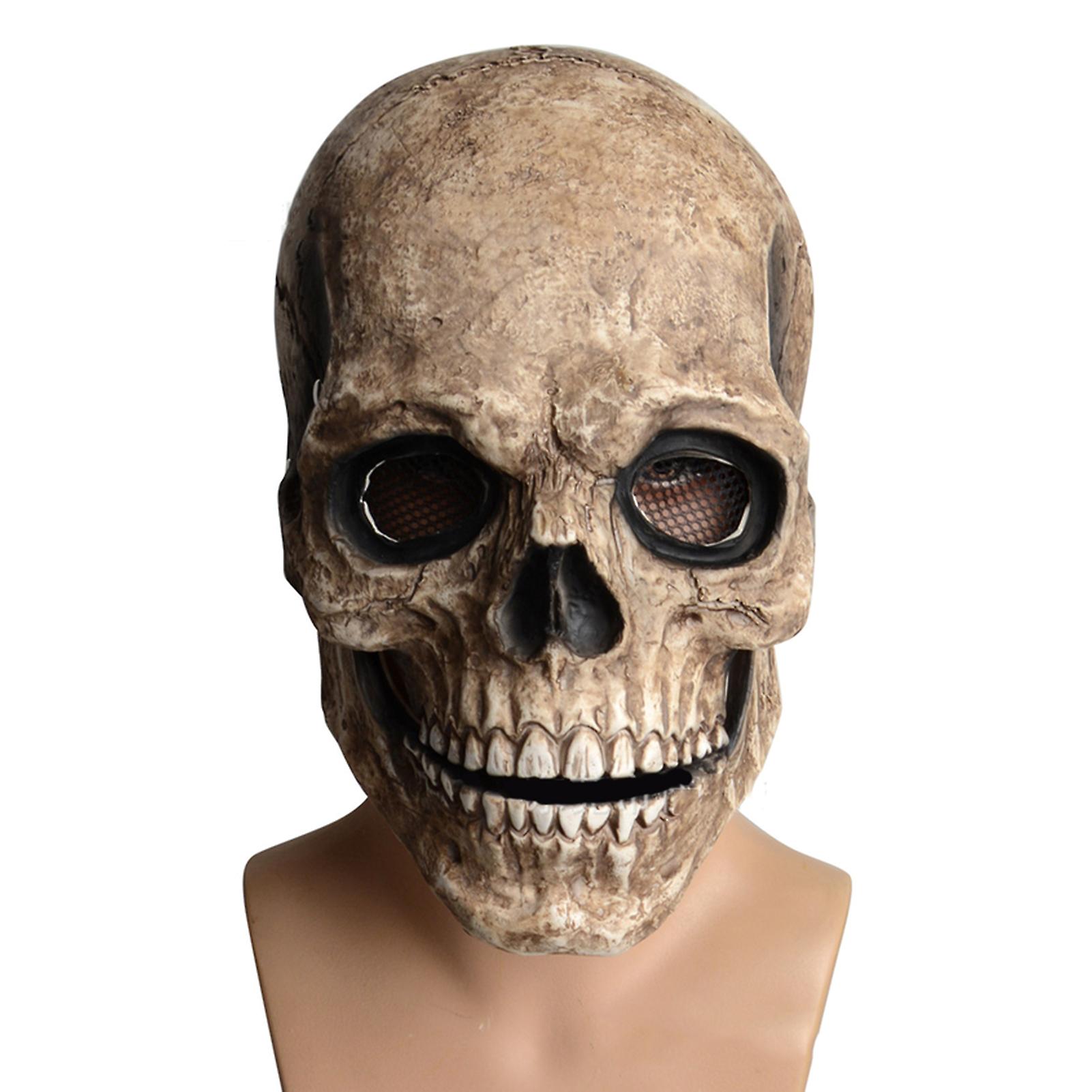 Full-head Skull Face Cover Hel-met H-alloween Party Prop Creepy Skeleton Headgear With Movable Jaw Dark Yellow