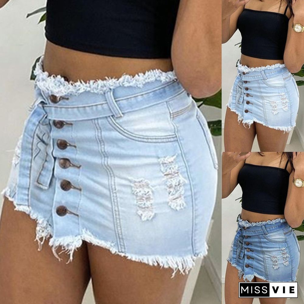 New Retro Women's Short Skirt Burr Hole Denim Skirt Denim Short Skirt Button Package Hip Short Skirt