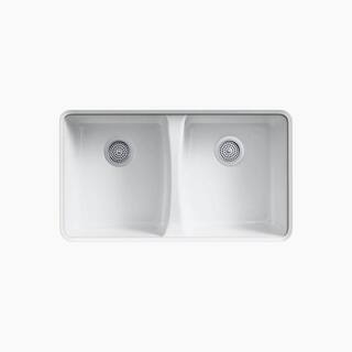 KOHLER Deerfield Undermount Cast Iron 33 in. 5-Hole Double Bowl Kitchen Sink in White K-5873-5U-0