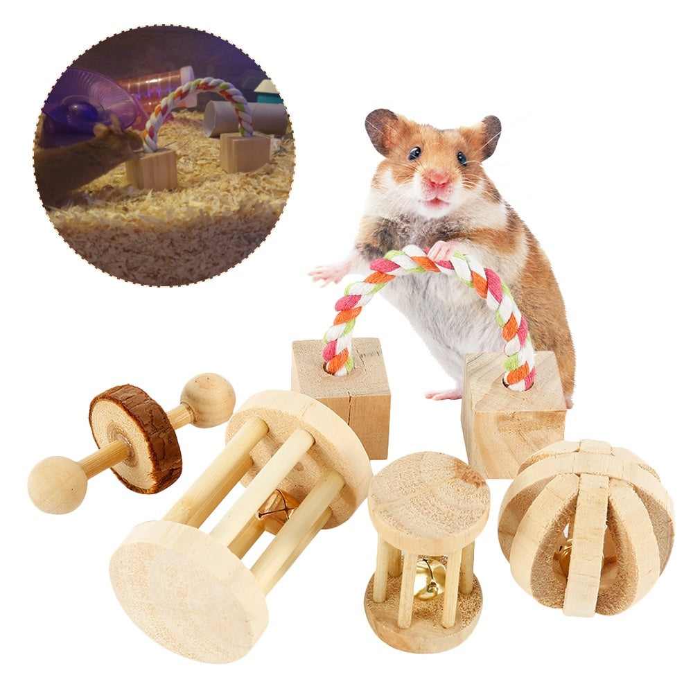 Willstar 5PCS Hamster Chew Toys Natural Wooden Play Toy Exercise Bell Roller Teeth Care Molar Toy for Bunny Rabbits Rats Gerbils and Other Small Pets