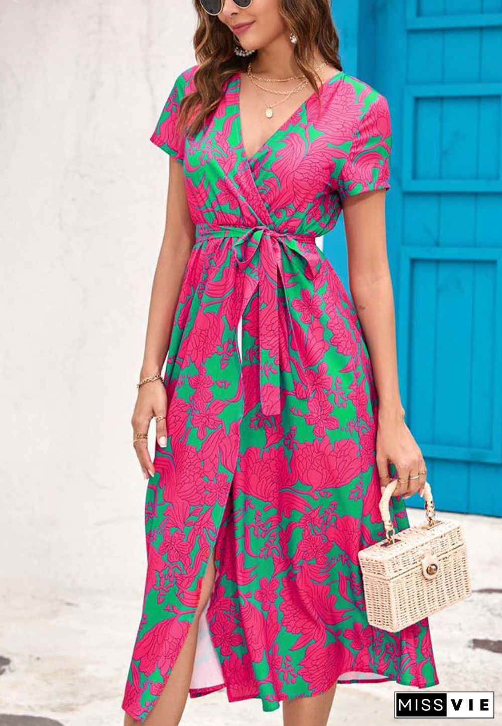 Printed Surplice Neck Midi Dress