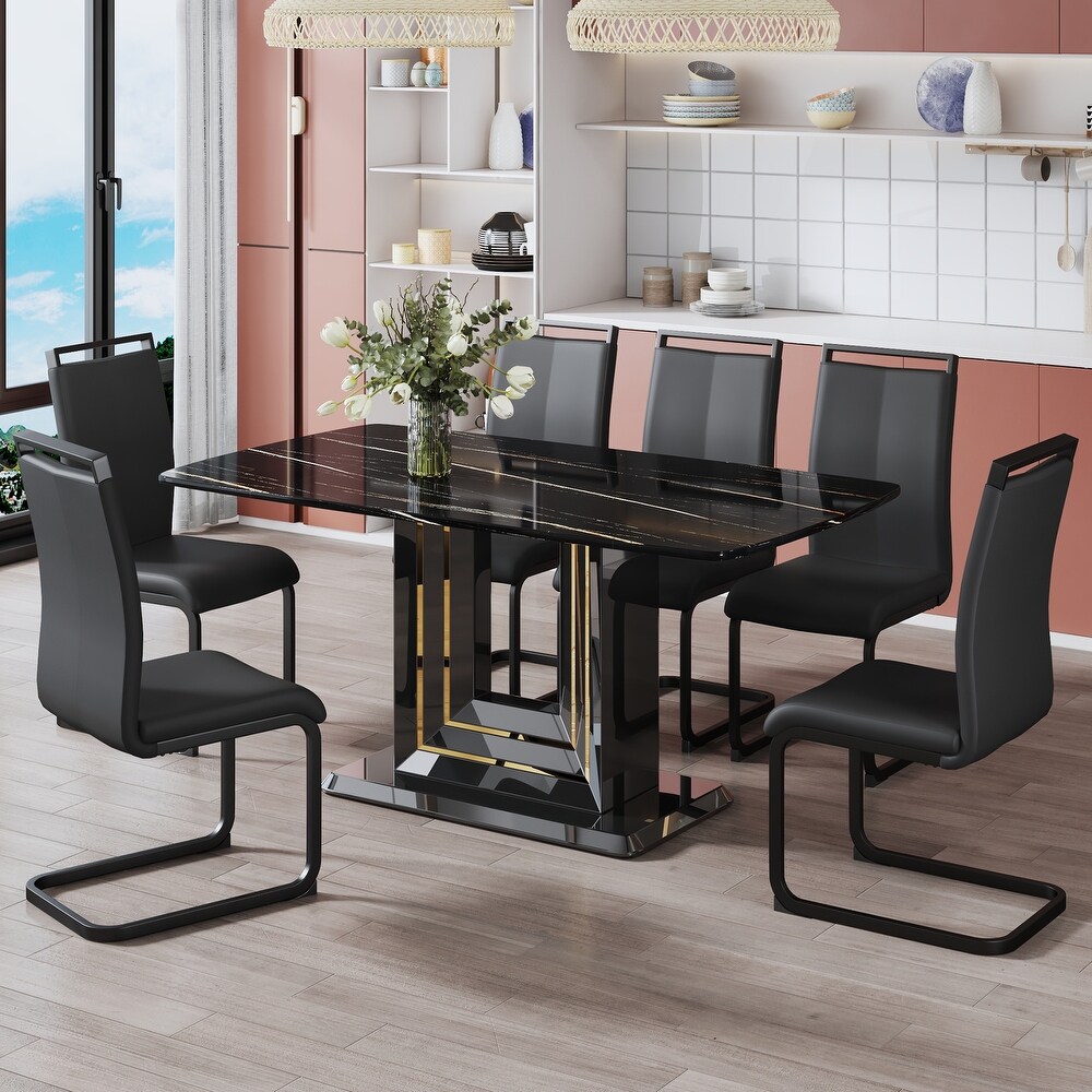 7 Piece Breakfast Nook Dining Set with Rectangular Marble Dining Table and PU Leather Dining Chairs for Dining Room  Black