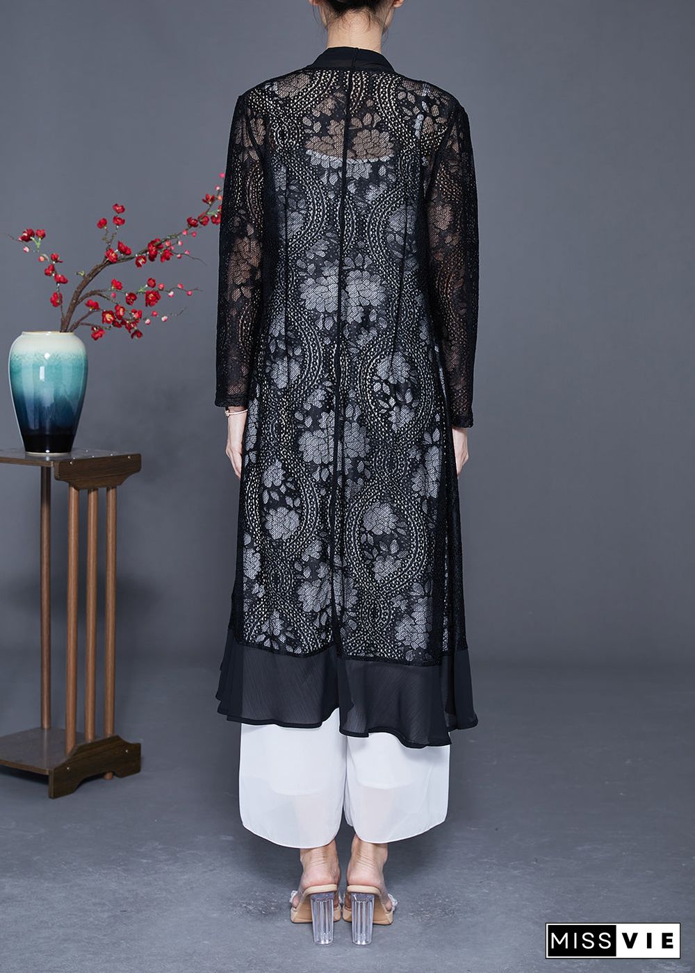 Fine Black Ruffles Patchwork Hollow Out Lace Cardigans Summer