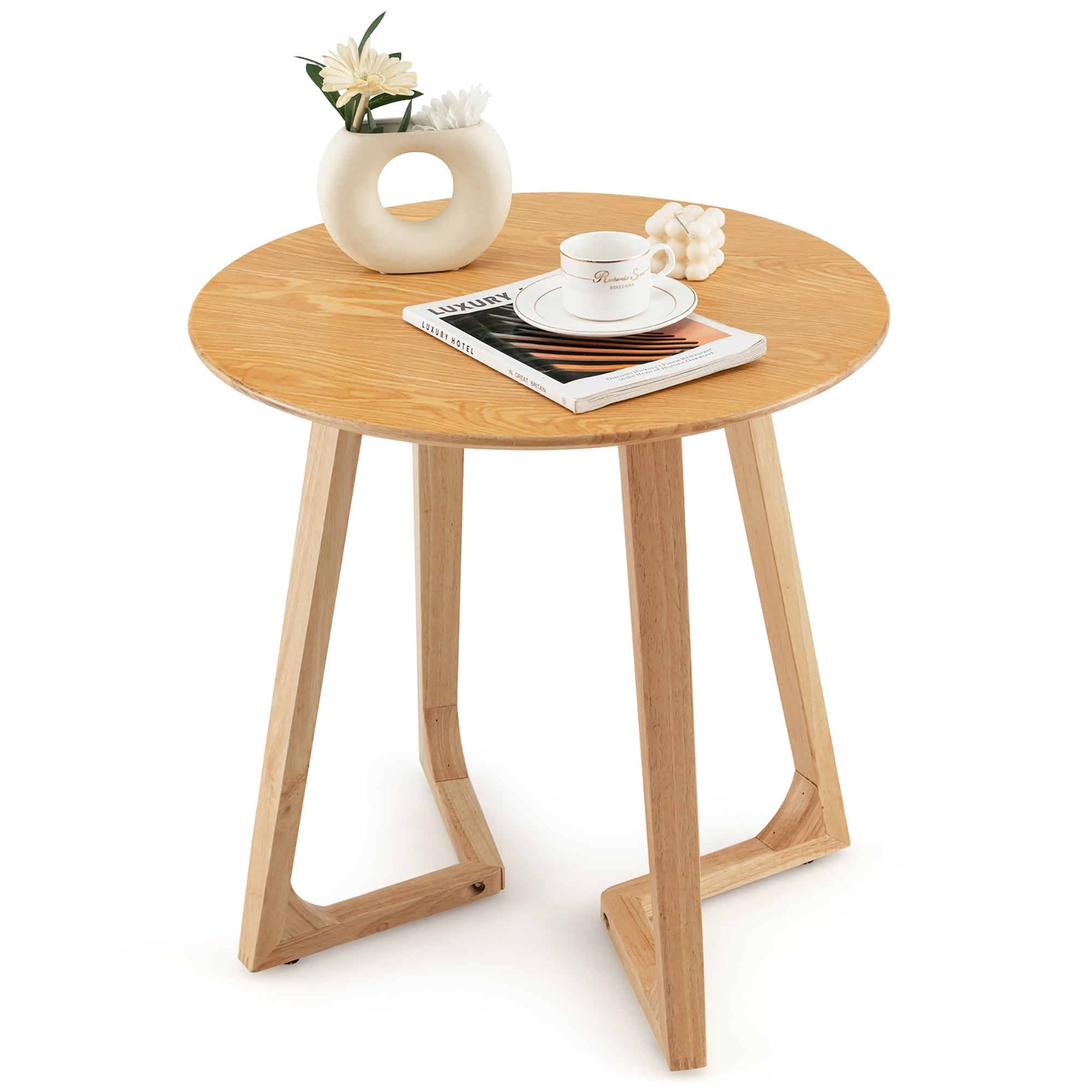 Costway 24'' Round Side Table Solid Rubber Wood End Table Beside - 24'' x 24'' x 24'' (L x W x H)