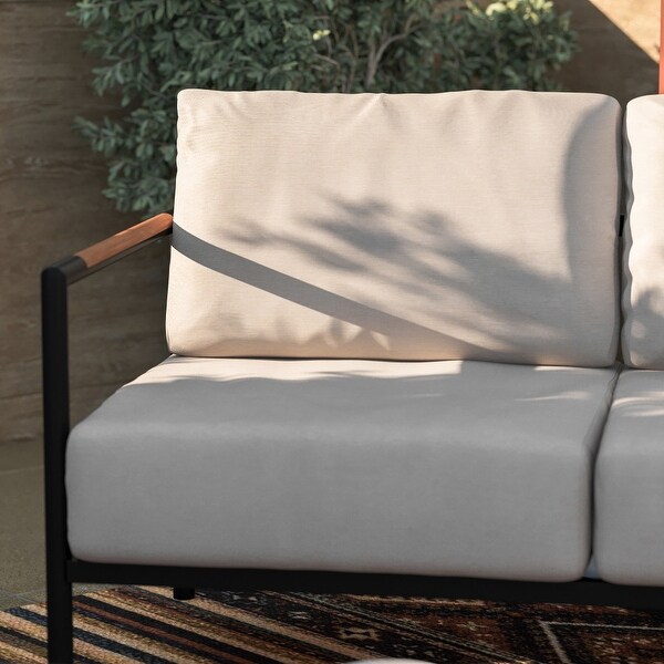 Metal Frame Loveseat with Teak Arm Accents and Plush Cushions