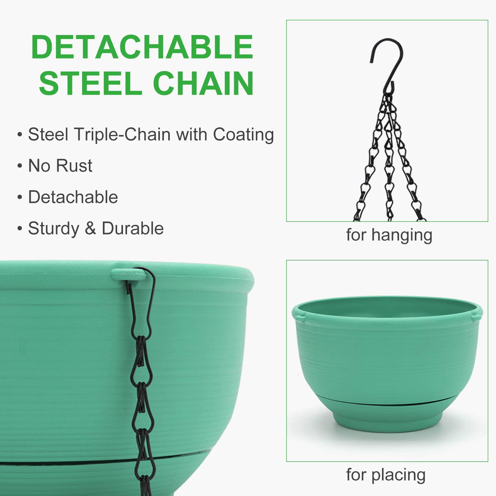 GROWNEER 2 Packs 8 Inches Plastic Hanging Planter Self Watering Basket with 6 Pcs Hooks, Hanging Flower Pot with Detachable Base for Garden Indoor Outdoor Home Decoration (Green)