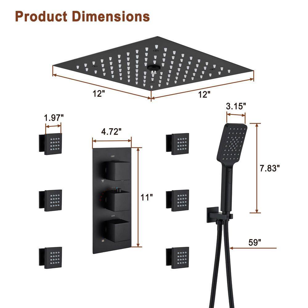 Mondawe Luxury Thermostatic LED 4-Spray Patterns 12 in. Flush Ceiling Mount Rainfall Dual Shower Heads with 6-Jets in Black WF6708-12MB