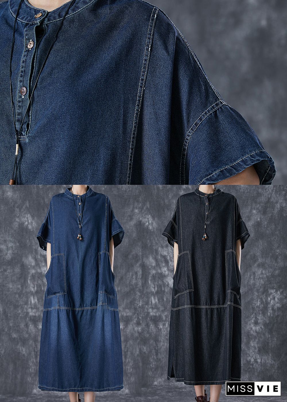 Black Denim Vacation Dresses Stand Collar Pockets Summer