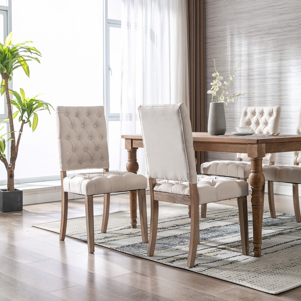 Wooden Frame Dining Chairs Set of 2 Side Chairs  Linen Fabric Upholstered Accent Chairs with Tufted Button Backrest