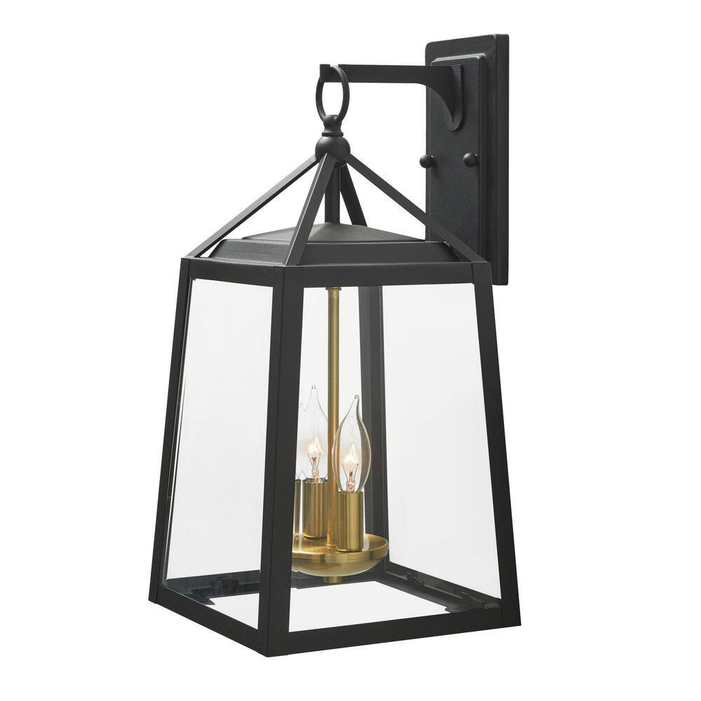 Home Decorators Collection Blakeley Transitional 2-Light Black and Brass Outdoor Wall Light Fixture with Clear Beveled Glass L-19905BKBRASS