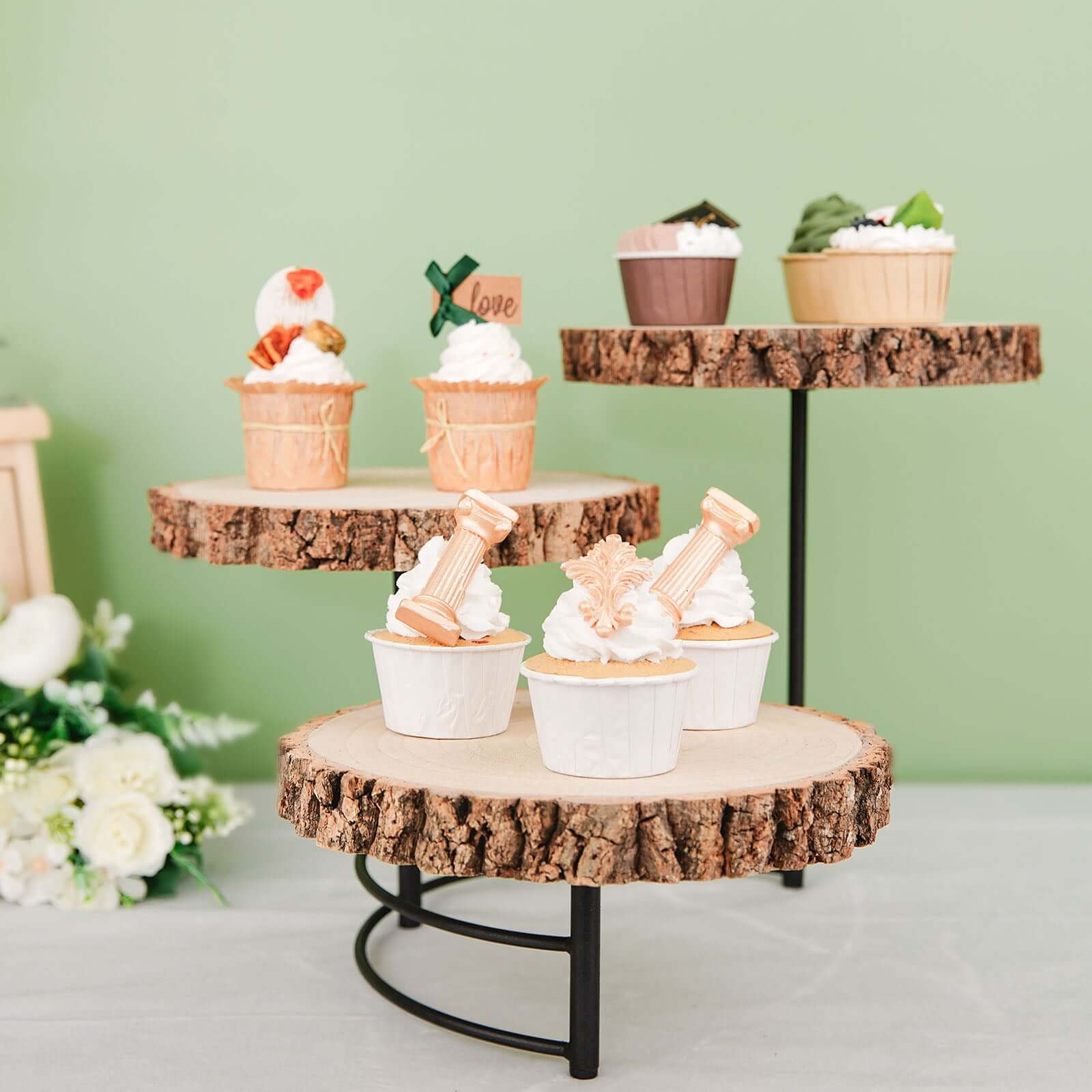 3-Tier Wood Slice Cheese Board, Cupcake Stand, Half Moon Rustic Centerpiece 12