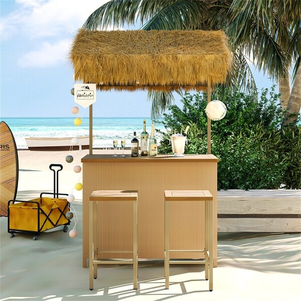 HawaiianStyle Outdoor Bar Table and Stools Set with PE Grass Canopy