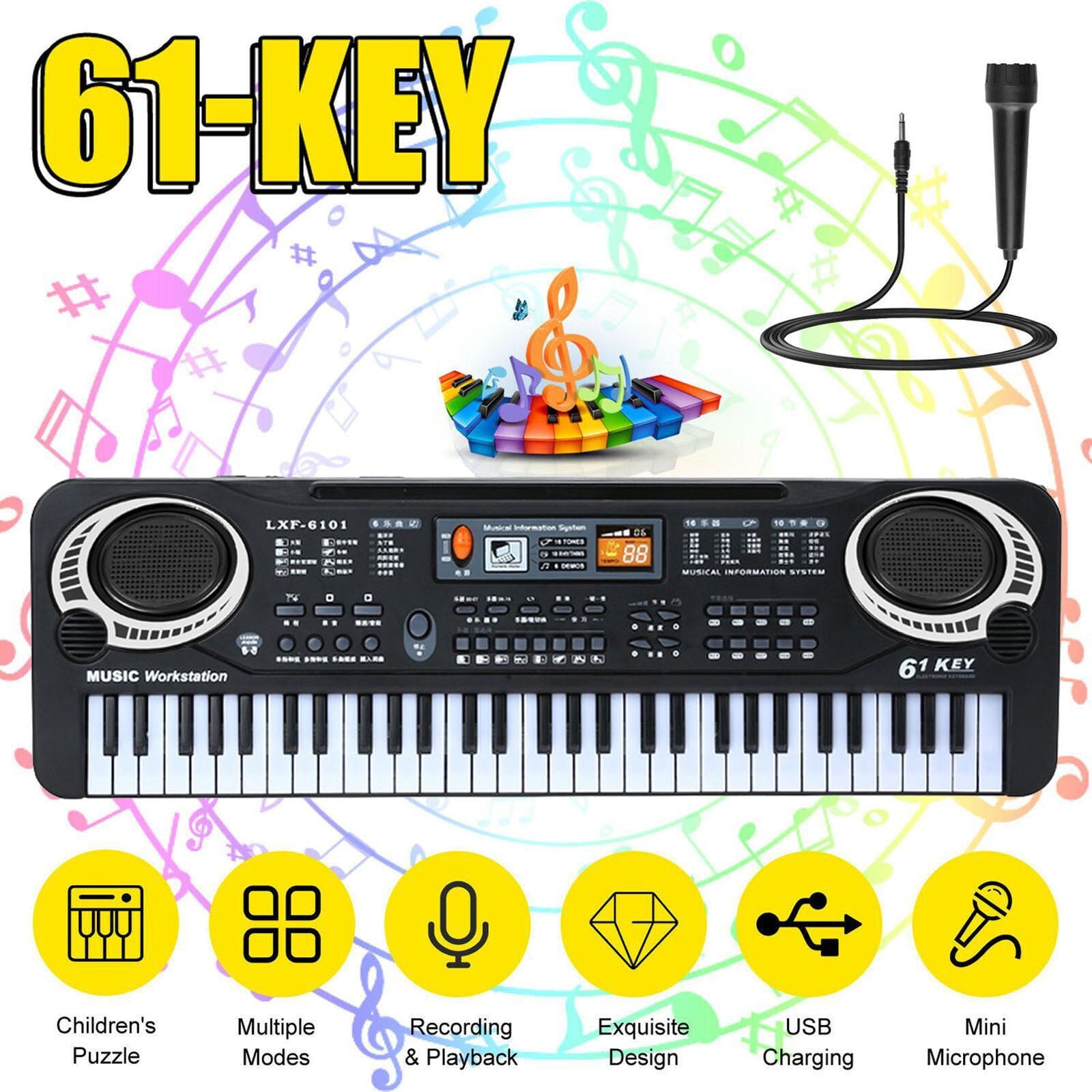 61 Keys Kids Digital Music Electronic Keyboard Electric Piano Beginner Keyboard for Girls and Boys， Ages 4-8， 9-12， 13-19 with Microphone