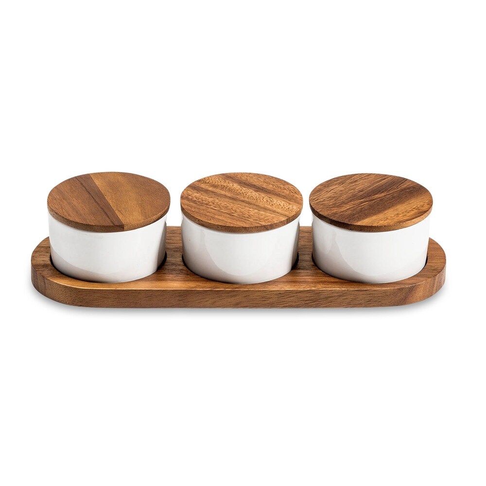 Ceramic Condiment Set on Acacia Wood Base with Lids