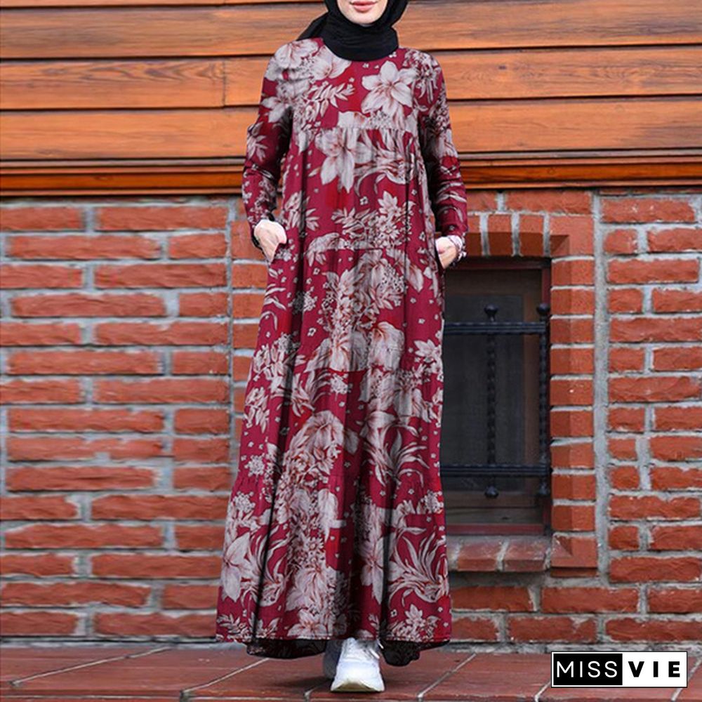 ZANZEA Women Floral Printed Autumn Muslim Kaftan Abaya Long Dress Bohemian Kaftan Baggy Maxi Dress Dubai Islam Flota