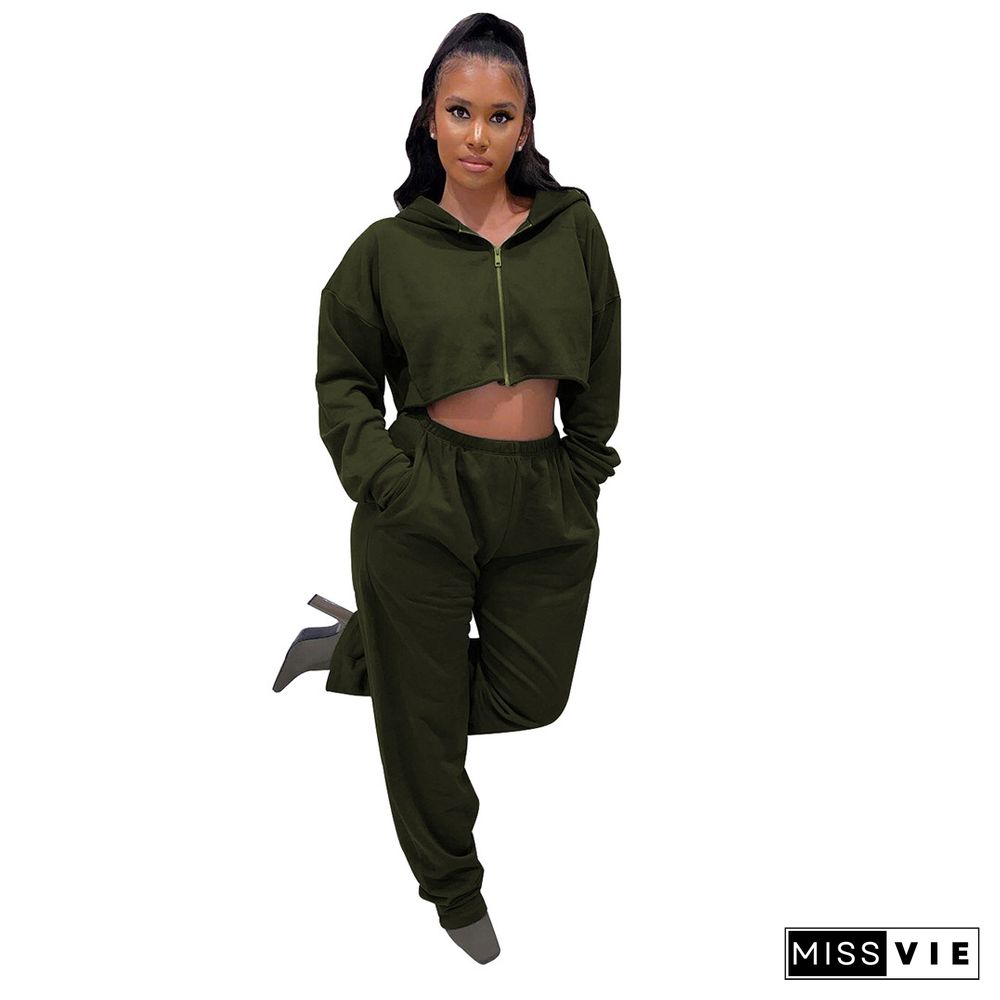 Thicken Zip Hooded Crop Top Wide Leg Pants Set