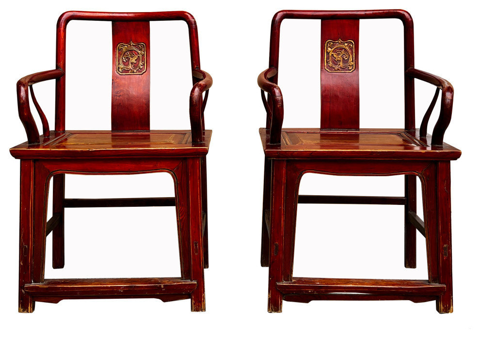 Pair Chinese Vintage Motif Carving Accent Brown Stain Armchairs Hcs7569   Asian   Armchairs And Accent Chairs   by Golden Lotus Antiques  Houzz