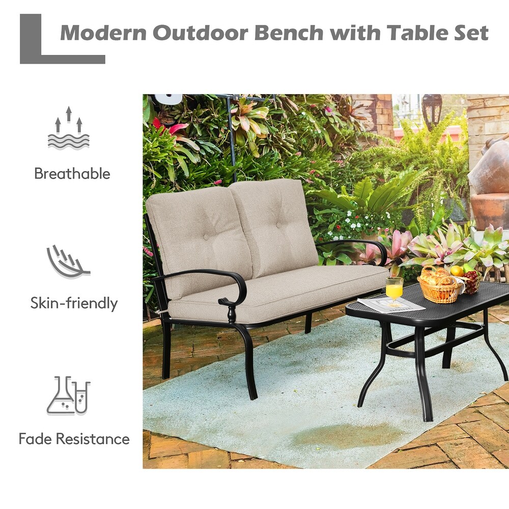 Costway 2PCS Patio Loveseat Bench Table Furniture Set Cushioned Chair