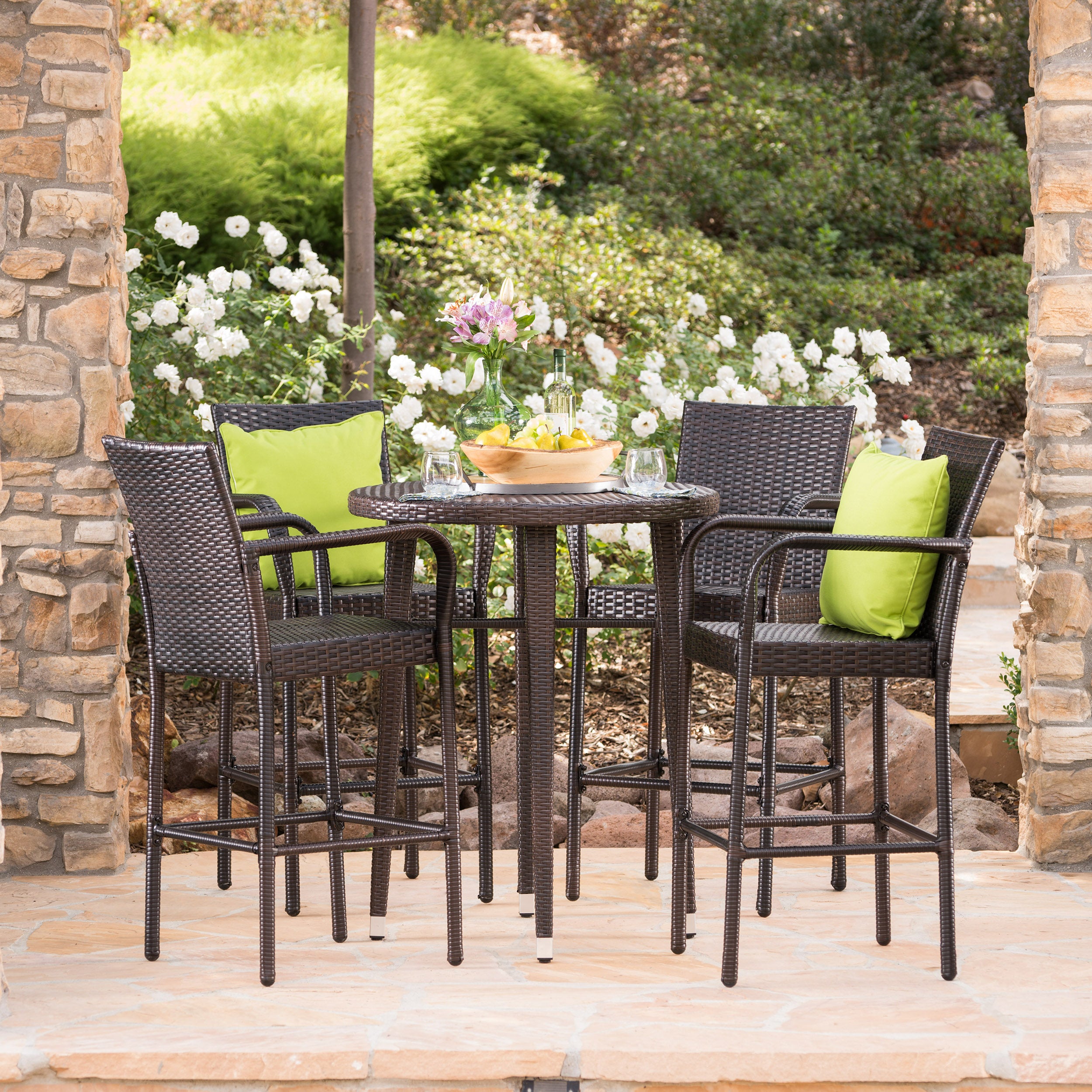 Patricia Outdoor 5 Piece Multi-brown Wicker Round Bar Table Set