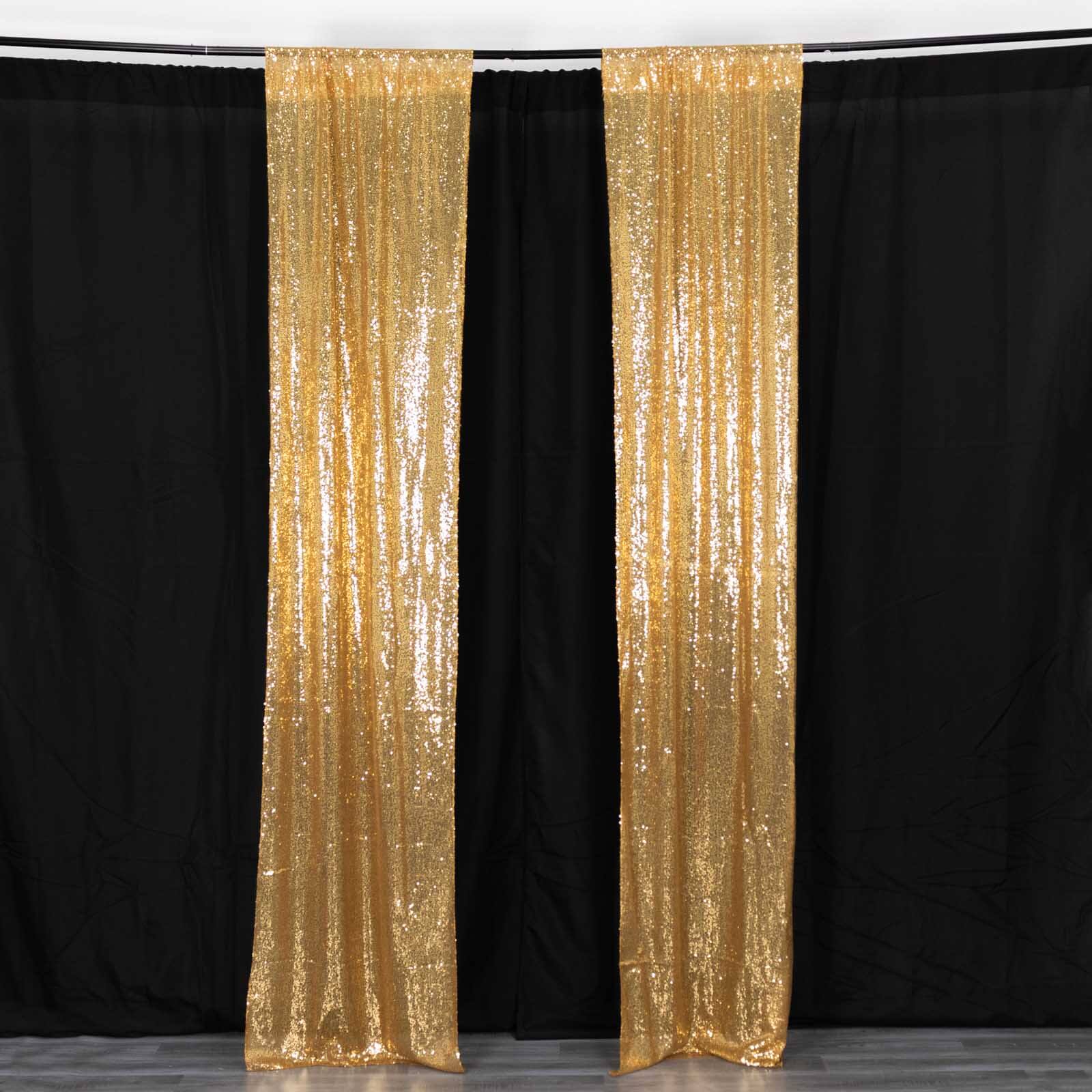 2 Pack Gold Sequin Backdrop Drape Curtains with Rod Pockets, Seamless Glitter Mesh Photo Booth Event Divider Panels - 8ftx2ft