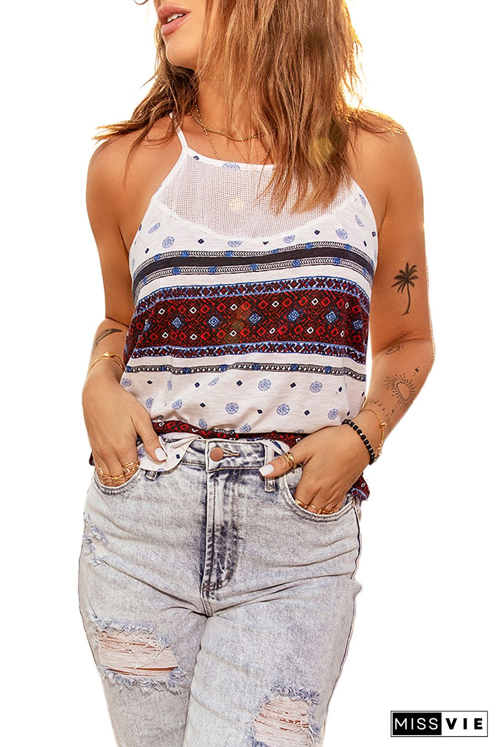 Boho Ethnic Print Tank Top with Buttons Back