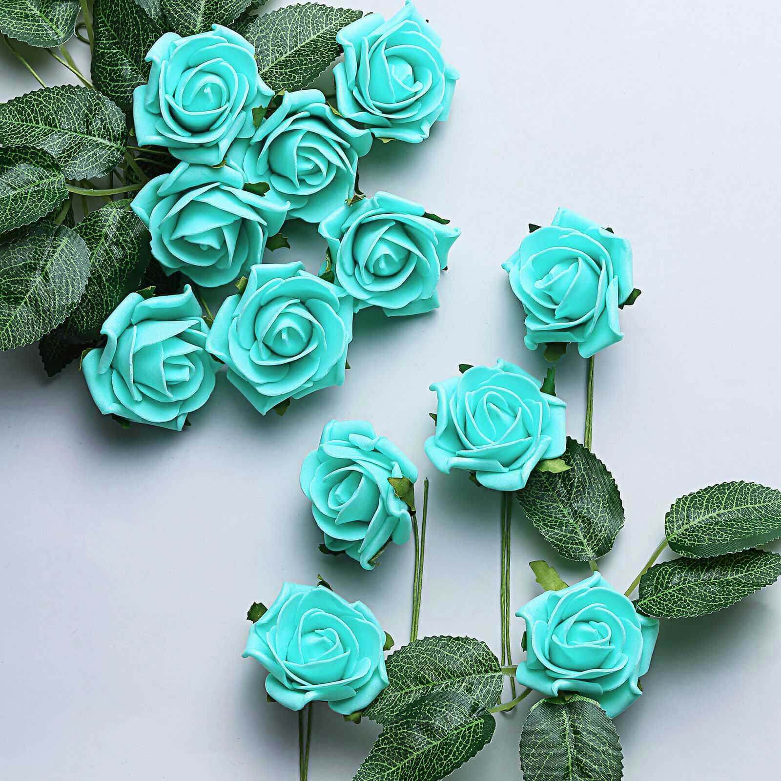 24 Roses Turquoise Artificial Foam Flowers With Stem Wire and Leaves 2