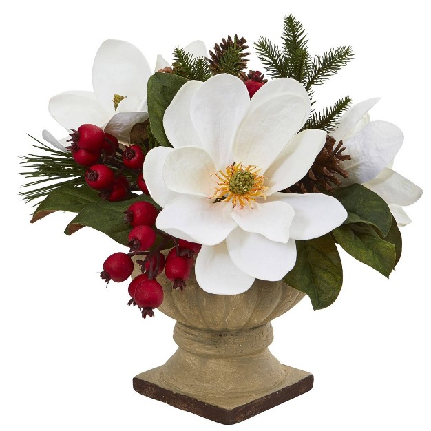 Nearly Natural 15-in Magnolia， Pine And Berries Artificial Arrangement