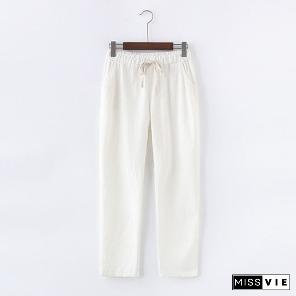 Plus Size Women Cotton Pants Summer Elastic Waist Loose Casual White Harem Pants Women'S Pocket Cotton Linen Trousers