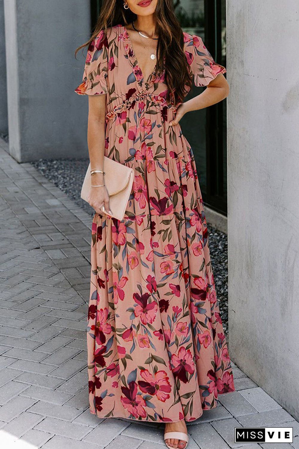 Sweet Elegant Floral Patchwork V Neck Waist Skirt Dresses