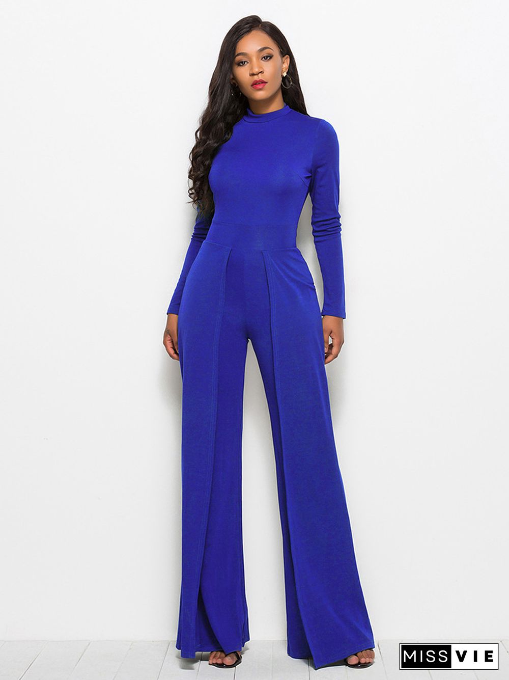 Fashion Crew Neck Long Sleeve Wide Leg Jumpsuit