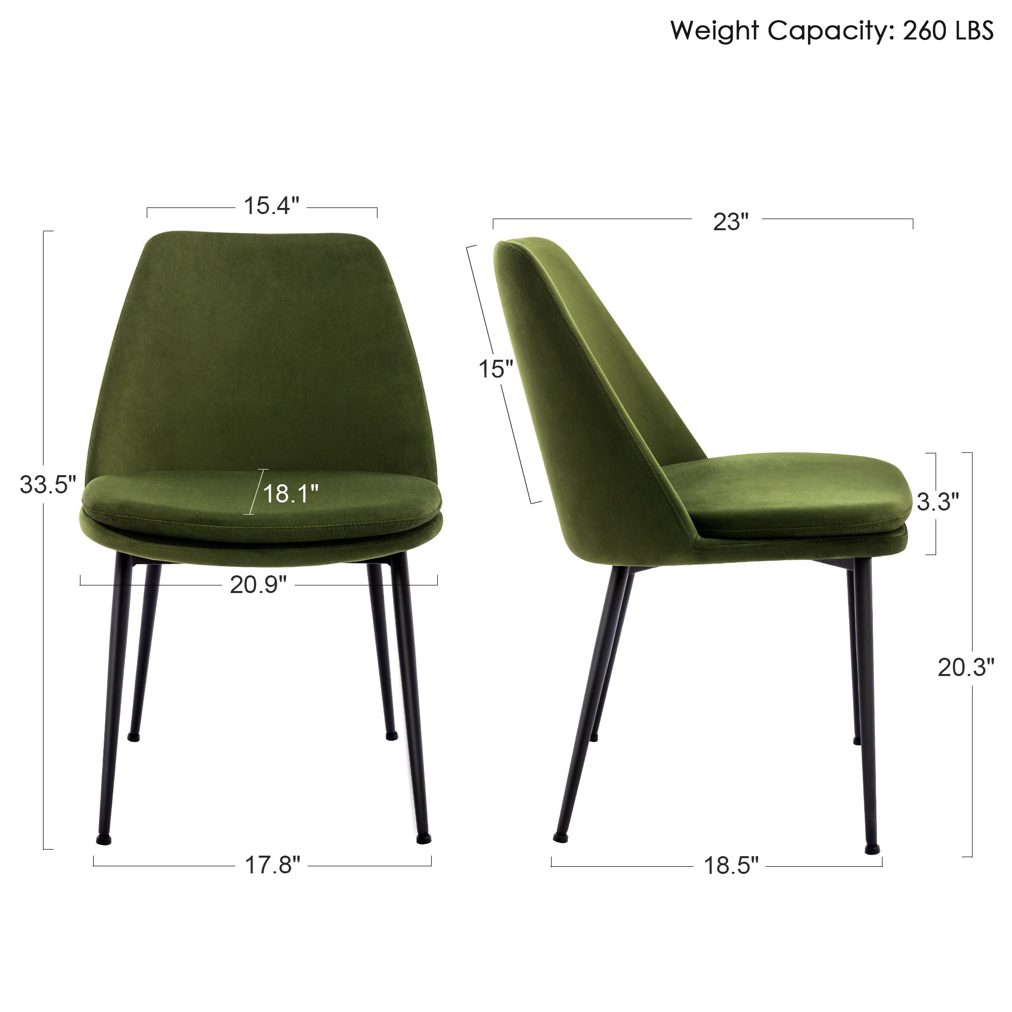 Zesthouse Mid Century Modern Dining Chair Set of 2， Velvet Upholstered Dining Chairs with Black Metal Legs， Accent Side Chairs for Kitchen Living Room， Olive Green