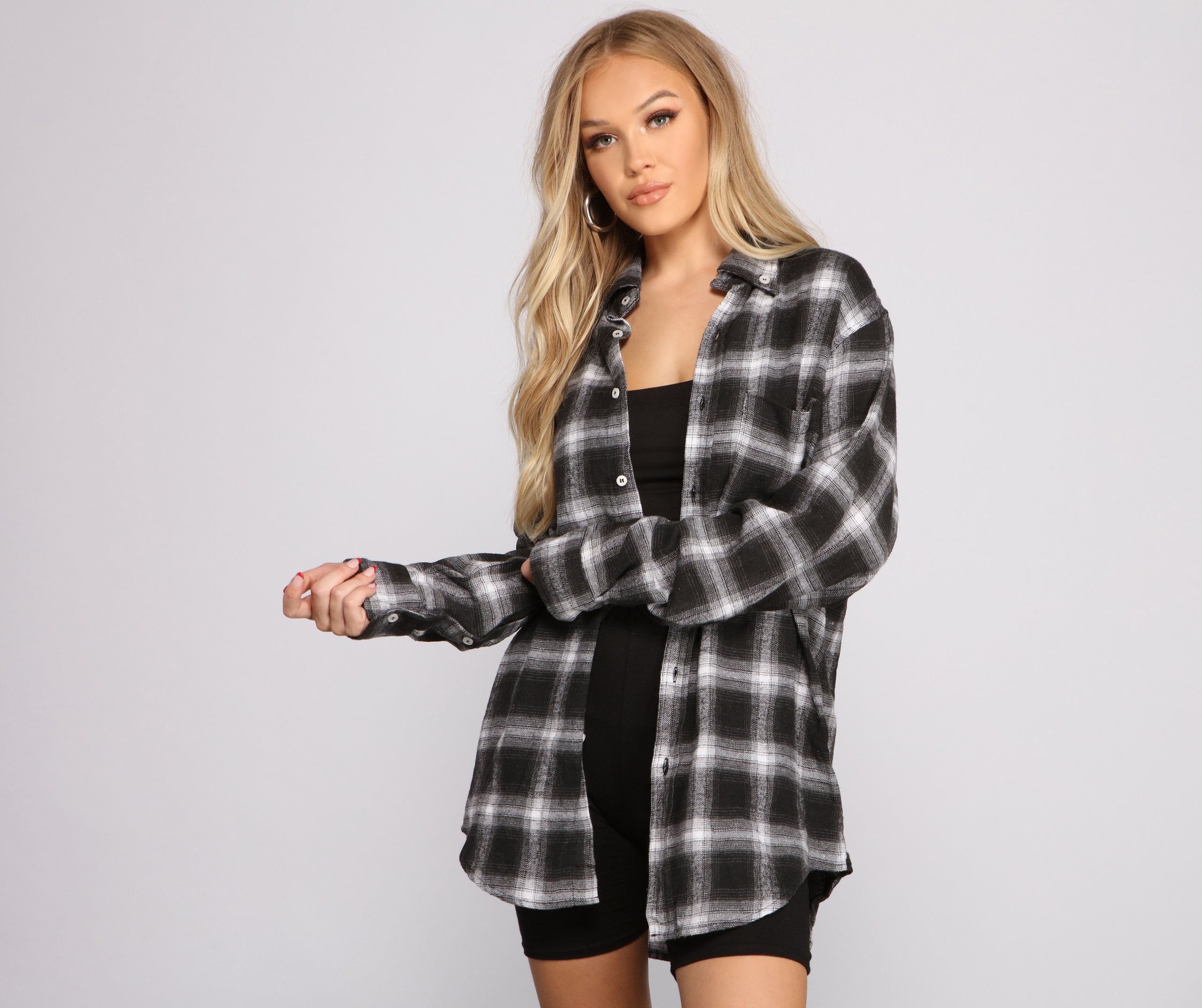 Effortlessly Edgy Mood Button-Up Flannel Tunic