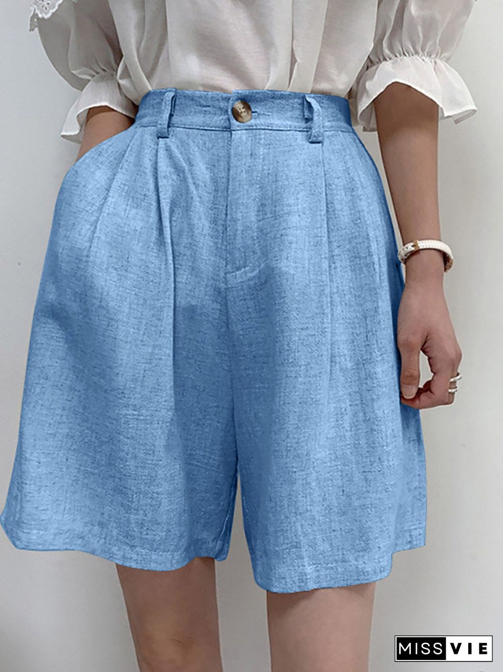 Women Solid Pocket Casual Loose Wide Leg Shorts