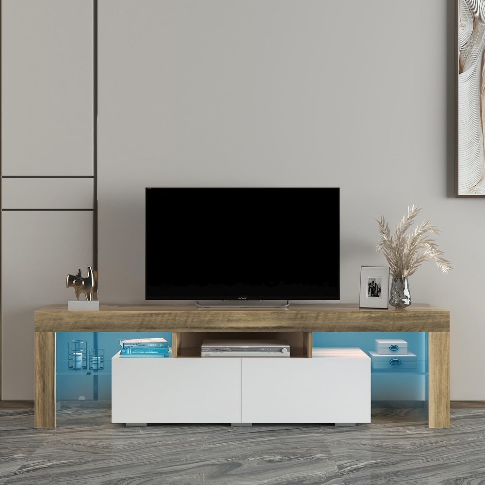 63''L Matt Laminate Finish TV Stand Cabinet with 2 Soft Open Front Storage Doors  20 Colors LED Remote Control (up to 70'')