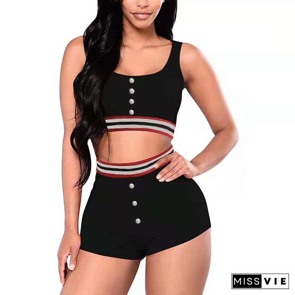 Sexy Women Knitted Pit Patchwork Sleeveless Vest Crop Top Bodycon Biker Shorts Two Piece Set