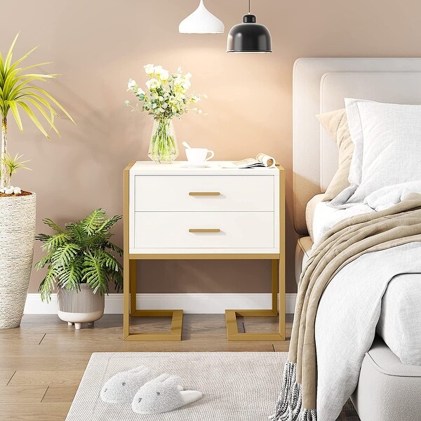 Modern Nightstand with 2 Drawers and Metal Frame for Bedroom Sofas Sides， White Gold - - 37593078