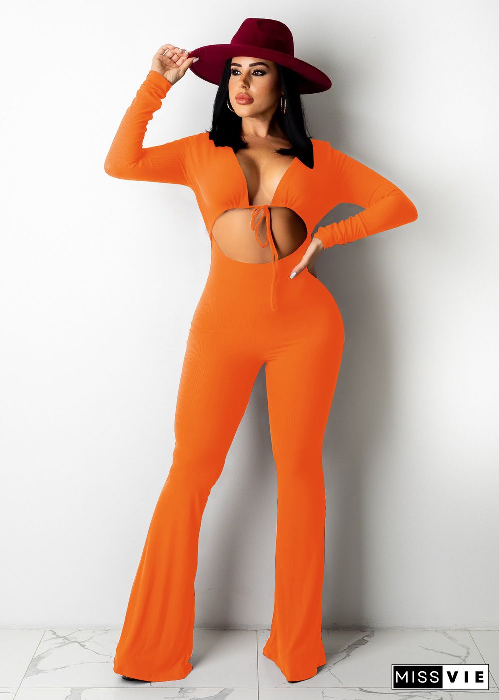 Ribbed Cut Out Lace Up Skinny One Piece Jumpsuit