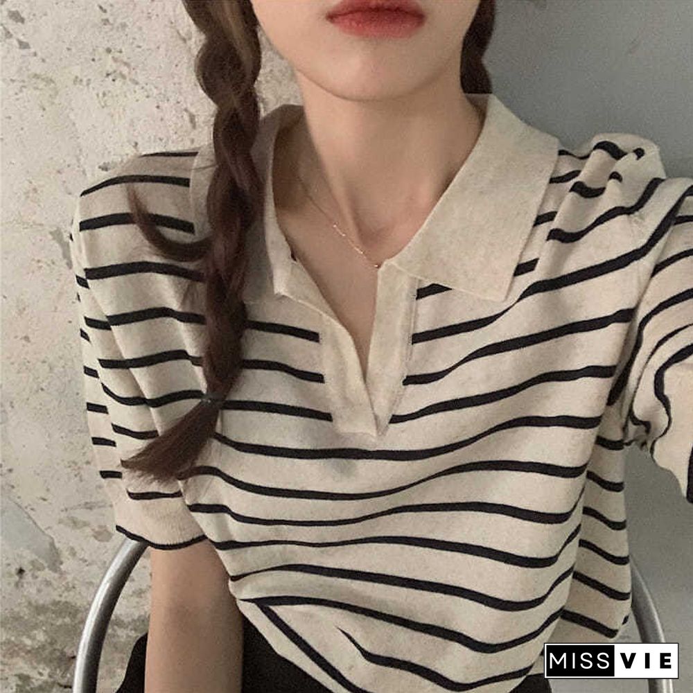 Summer Classic Striped Knit T-Shirts Women Vintage V Neck Short Sleeve BF Tops Ladies Loose Elasticity Tee Female Streetwear2021