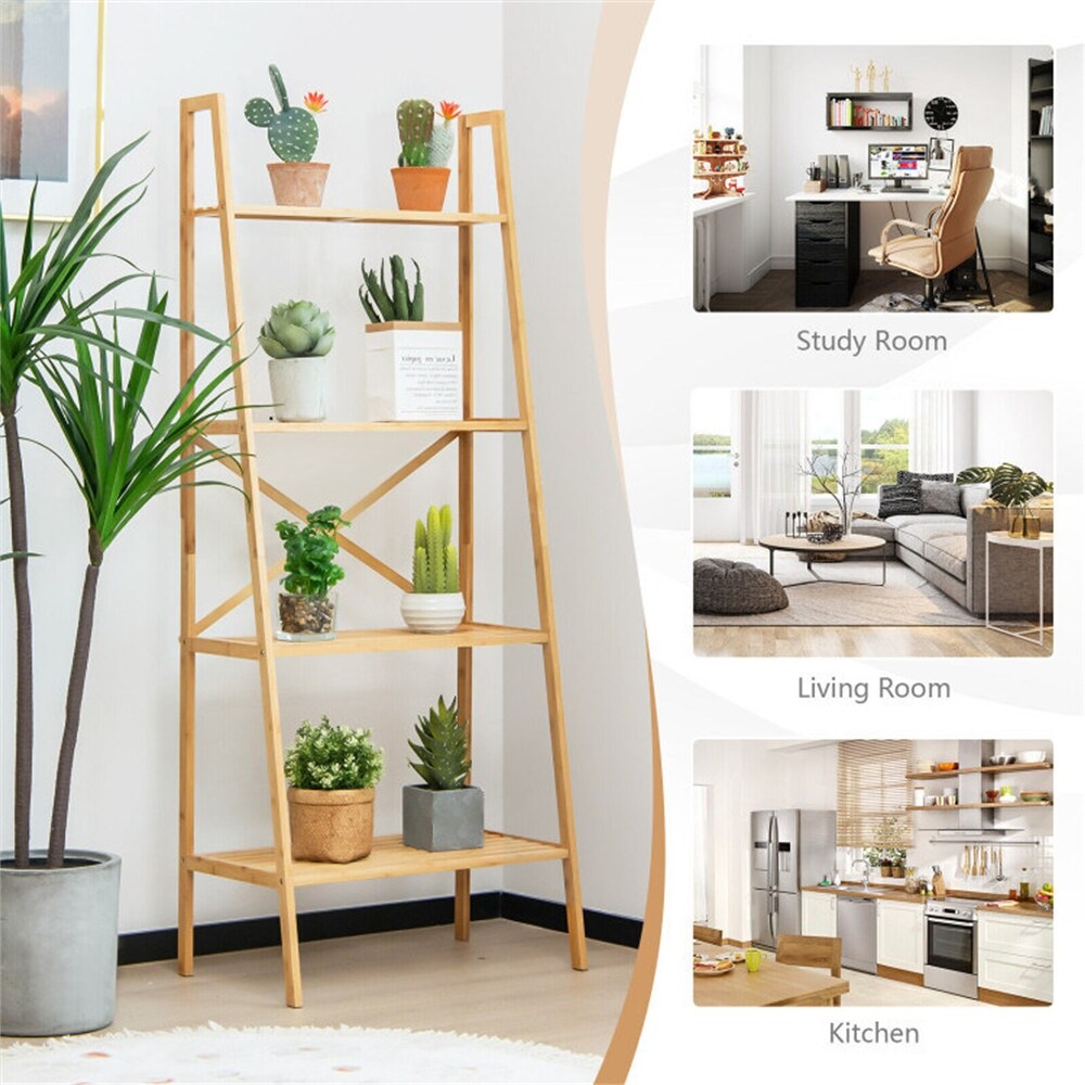 4 Tier Bamboo Ladder Bookshelf Natural Color