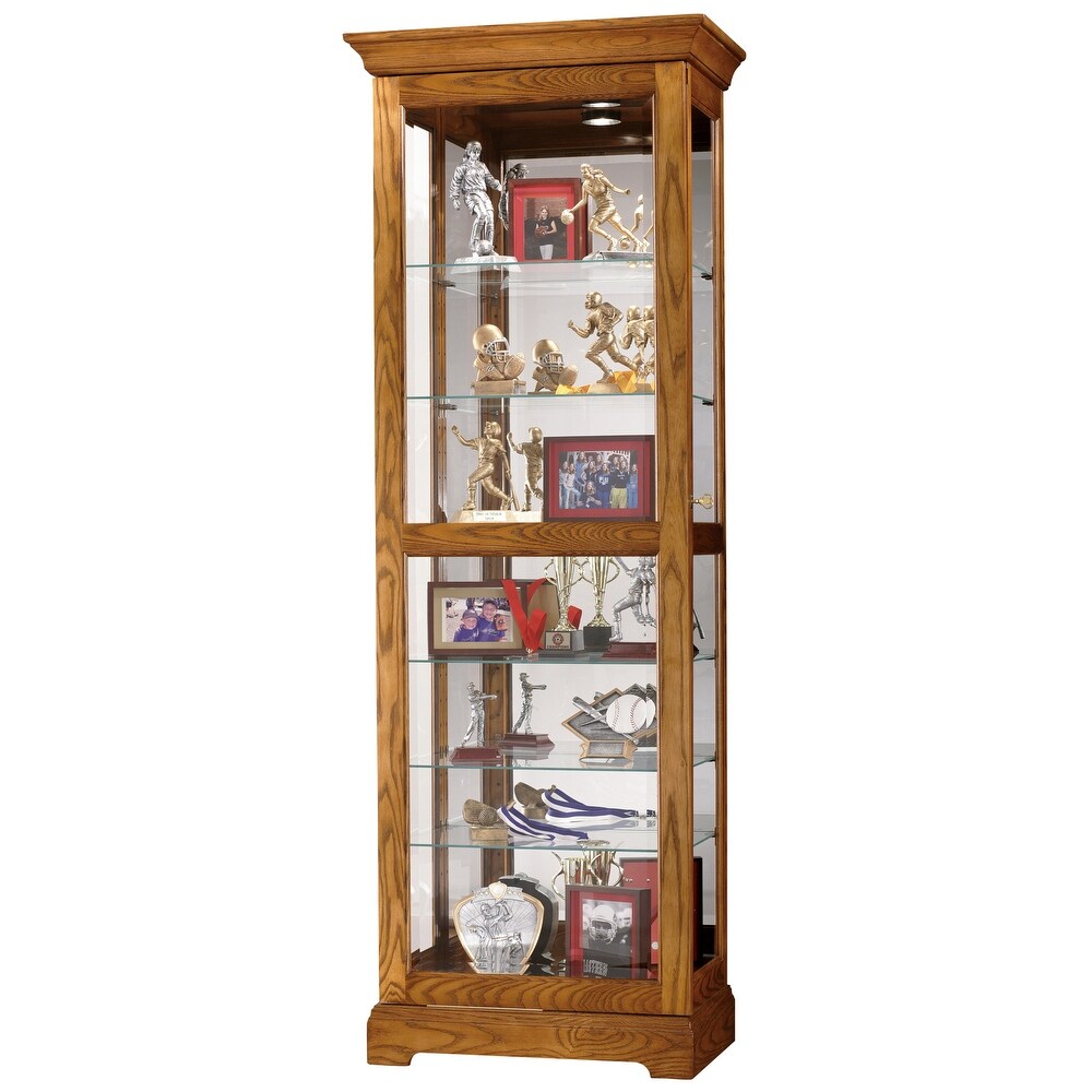 Howard Miller Moorland 2 Way Slider  Contemporary Modern  Transitional  Solid Oak Wood  Tall  7 Shelf Living Room Curio Cabinet