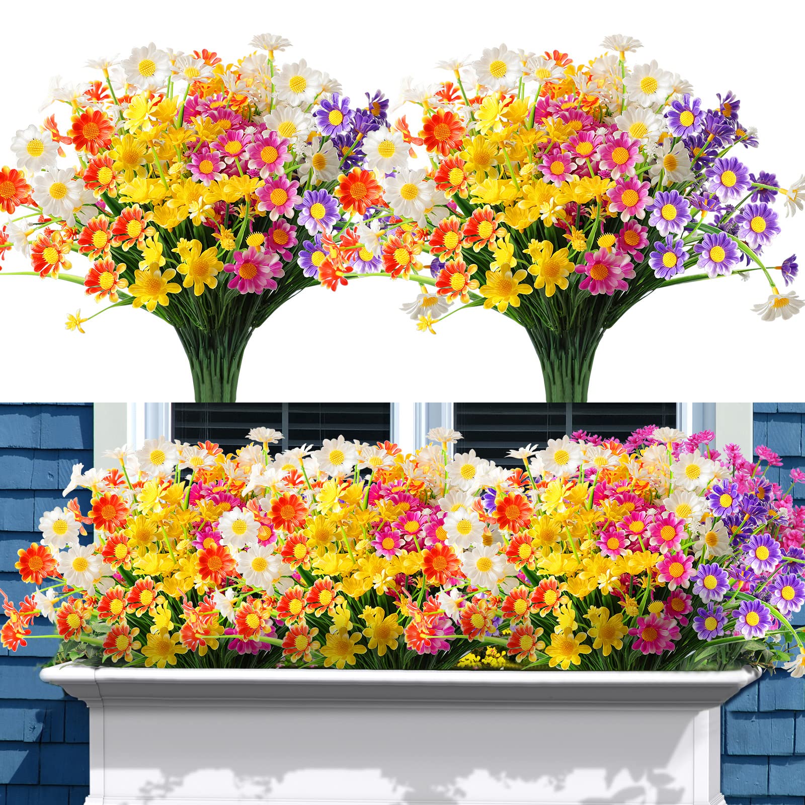 Artificial Daisies Flowers, 10 Bundles Fake Mums Outdoor Artificial Plants with Stems, UV Resistant No Fade Plastic Faux Daisy Flower Farmhouse Plants Shrubs for Garden Window Home Decoration