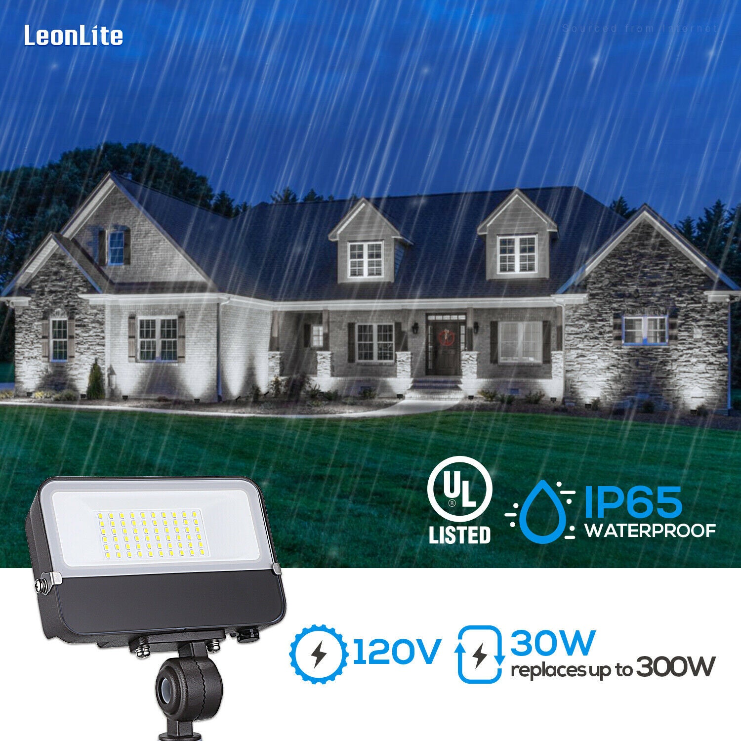 LEONLITE 2 Pack 30W LED Flood Light with Knuckle Mount， 300W Eqv.， 120V Outdoor Area Light， 5000K Daylight， for Wall Washing Signage Lighting， Billboard Lighting， Flag Lighting