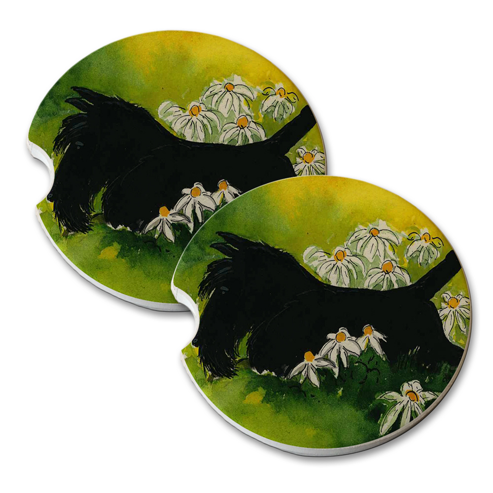 KuzmarK Sandstone Car Drink Coaster (set of 2) - Black Scottish Terrier with Daisies Scottie Dog Art by Denise Every