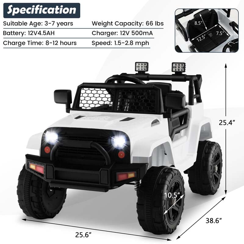 12V Kids Ride On Truck Car Battery Powered Electric Vehicle RC with Mesh Windshield & Bright Headlights