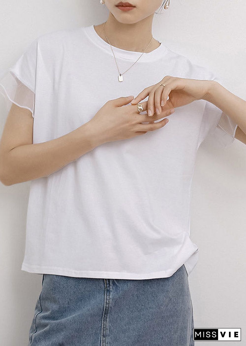 White O-Neck Ruffled Cotton T Shirt Short Sleeve