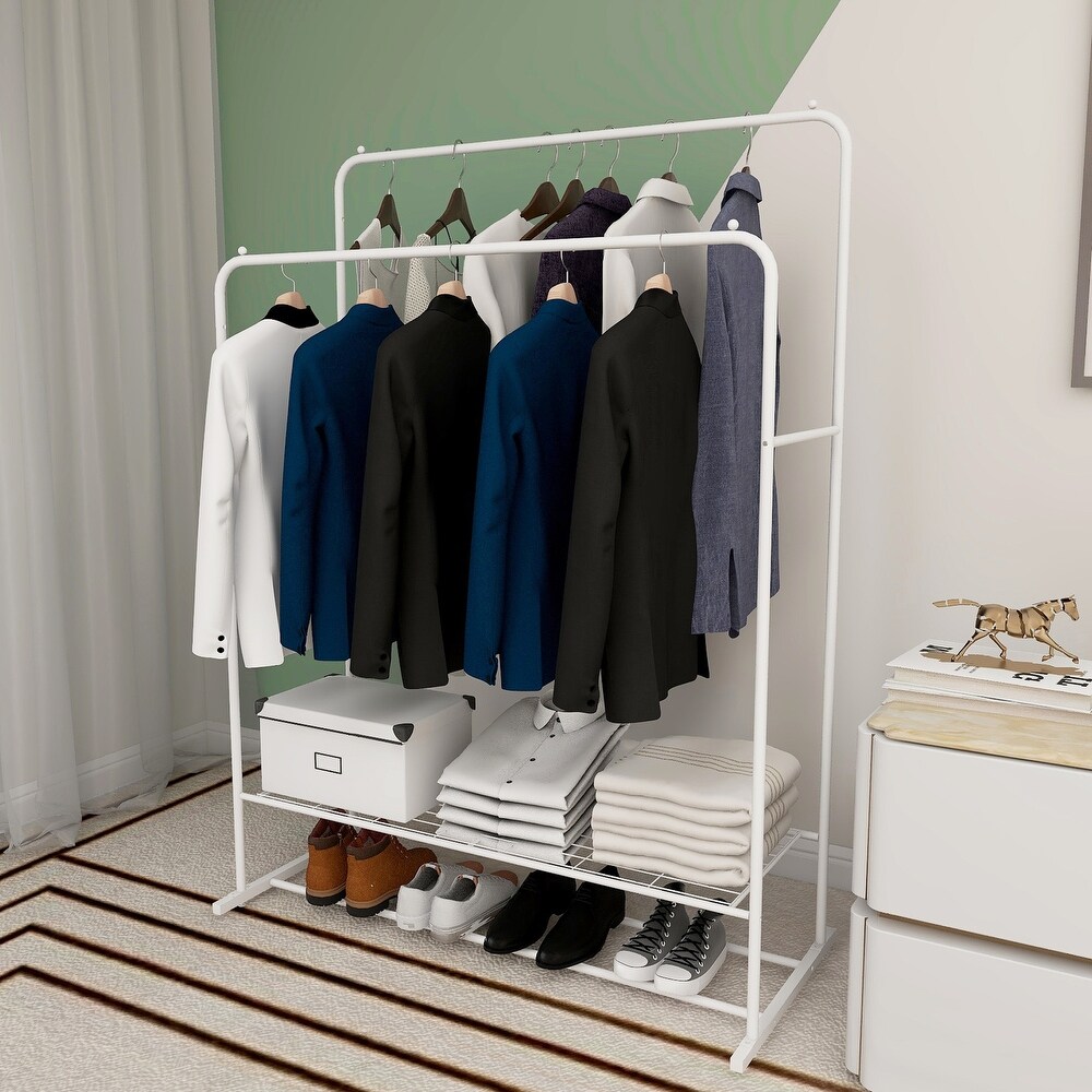 Garment Rack Freestanding Hanger with Double Rods Clothing Rack Shoe Storage Shelf Coat Hanger for Bedroom Entrance  White