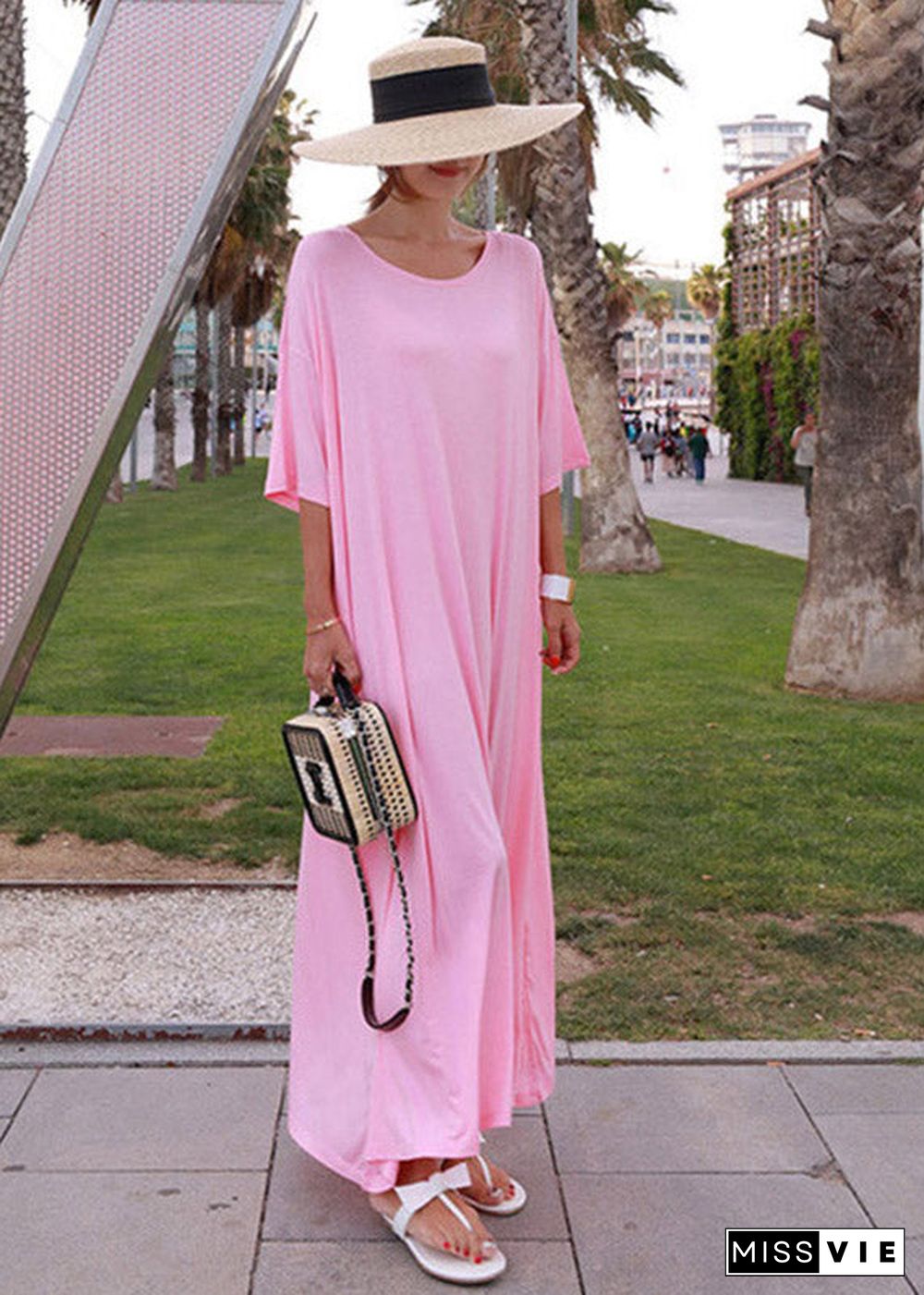 Loose Pink O-Neck Cotton Long Dress Short Sleeve