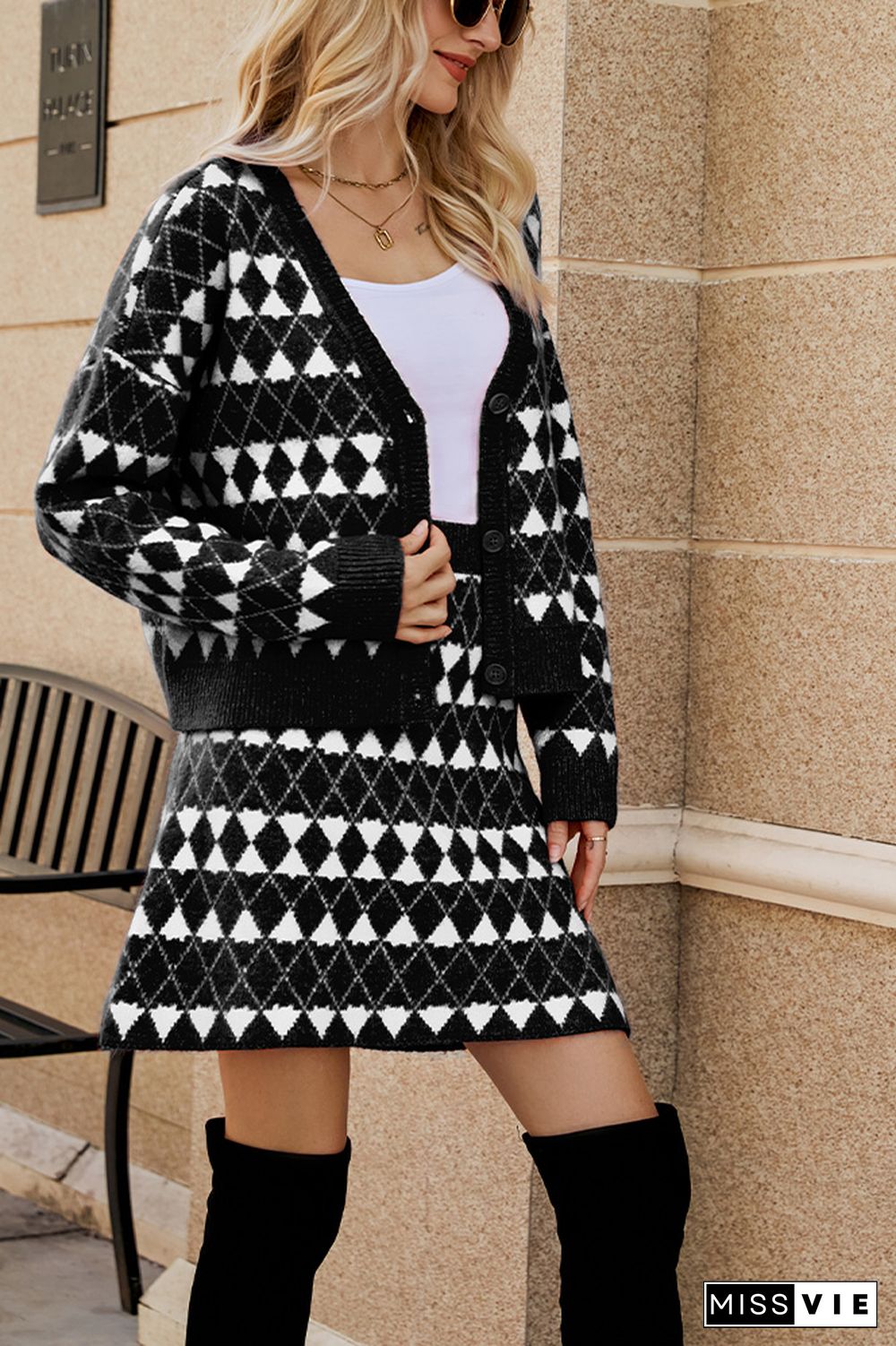 Geometric Knit Button Cardigan With Skirt Two Pieces Dress