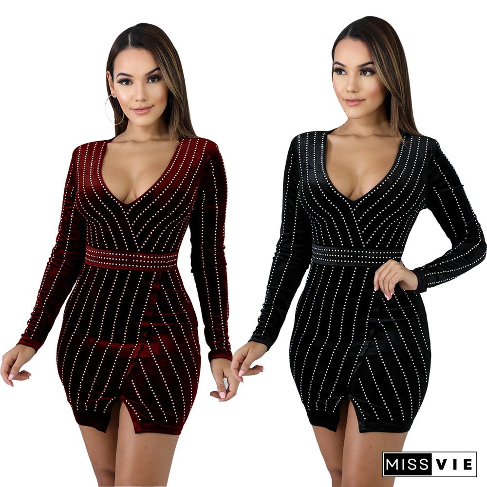 Hot Drilling Long Sleeve V Neck Bodycon Mini Dress