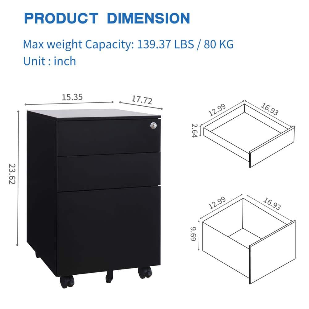 Tatahance 3-Drawer Mobile Black Metal Lateral Filing Cabinet with Lock Steel W25252086-Z